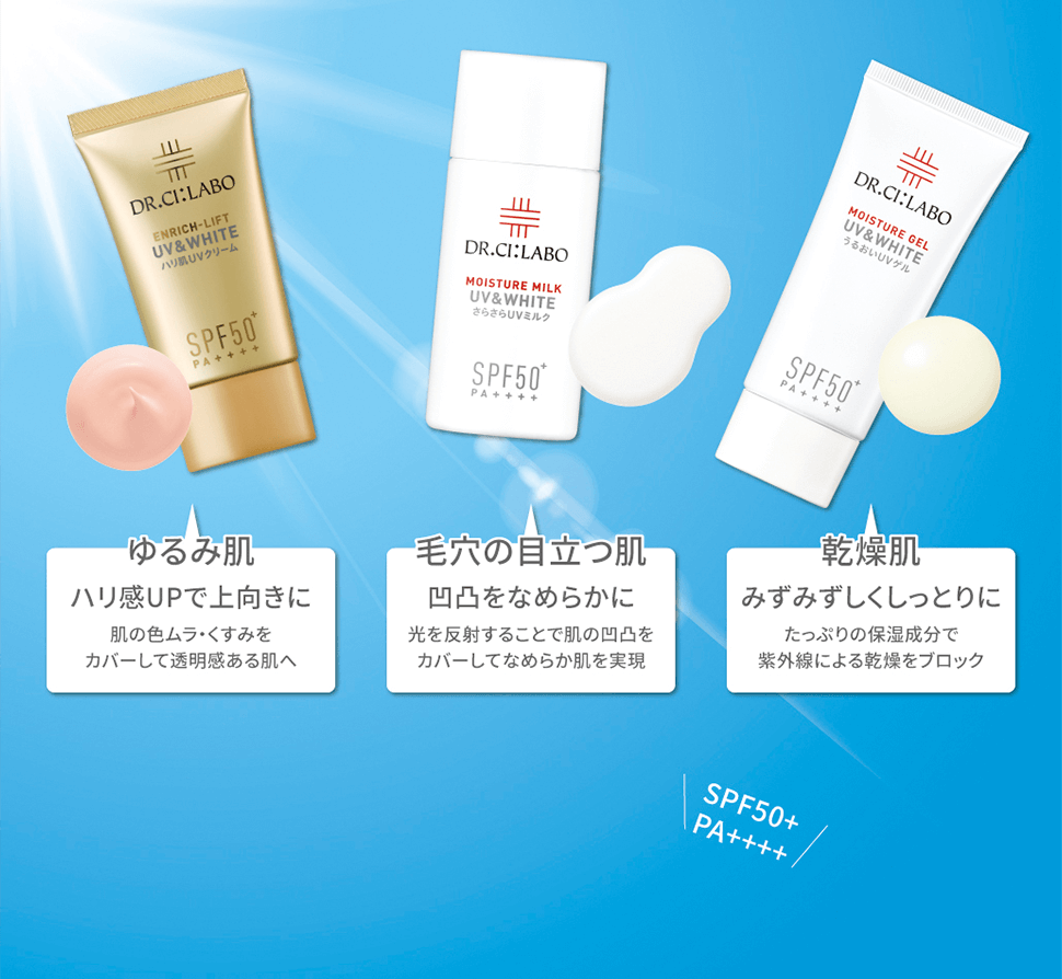 ゆるみ肌：ハリ感UPで上向きに。肌の色ムラ・くすみをカバーして透明感ある肌へ　毛穴の目立つ肌：凹凸をなめらかに。光を反射することで肌の凹凸をカバーしてなめらか肌を実現　乾燥肌：みずみずしくしっとりに。たっぷりの保湿成分で紫外線による乾燥をブロック