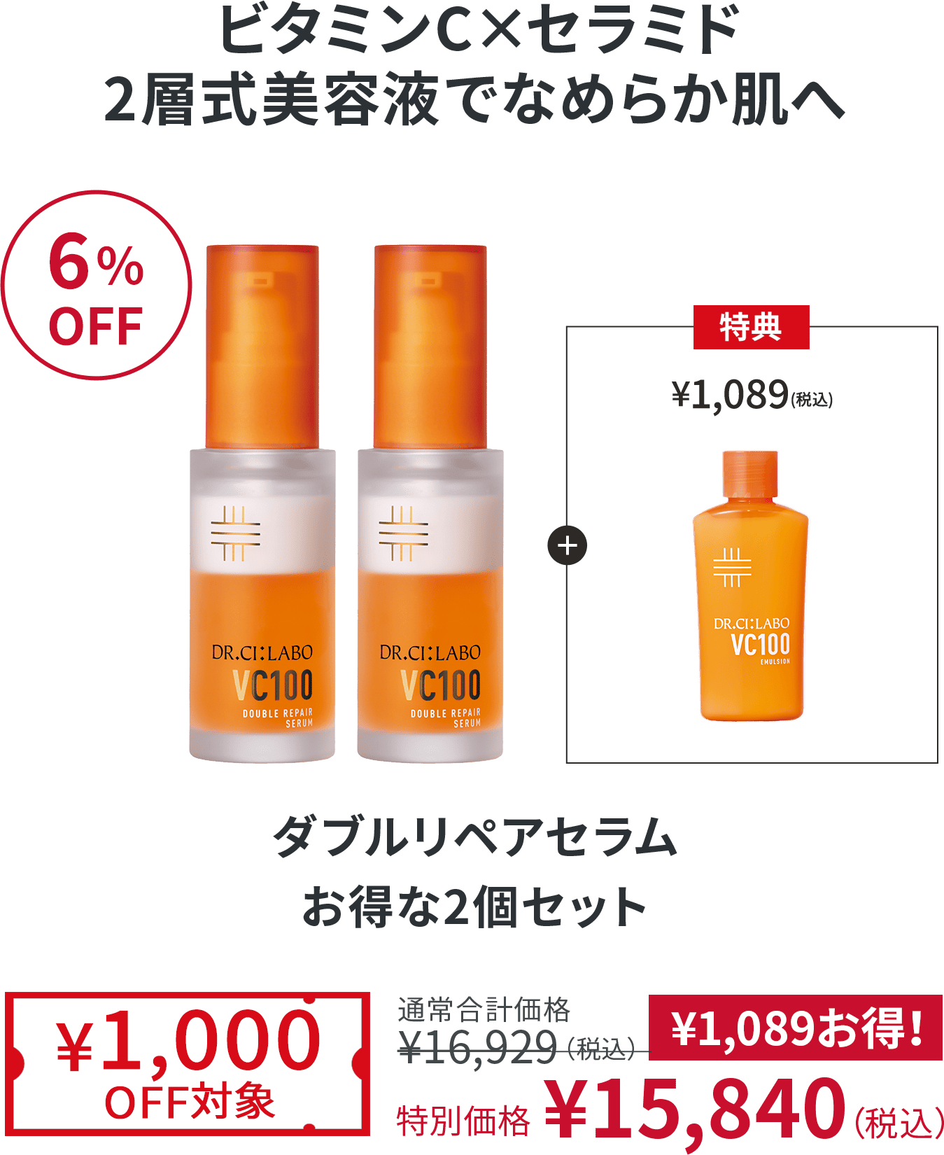 ビタミンC×セラミド 2層式美容液でなめらか肌へ 6%OFF ダブルリペアセラム お得な2個セット ¥1,000OFF対象 通常合計価格¥16,929（税込） 特別価格 ¥15,840（税込）1,089！