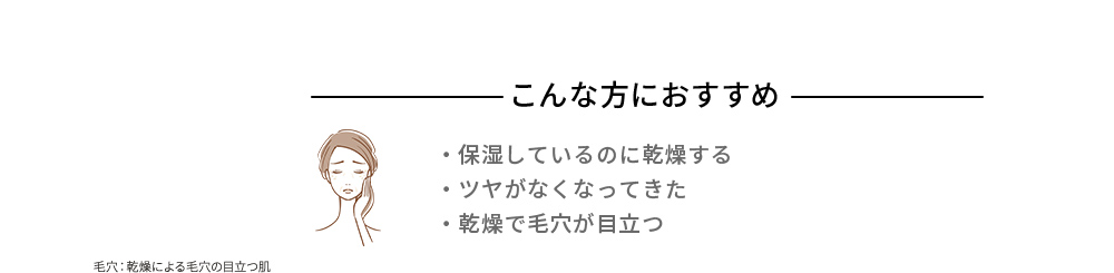 こんな方におすすめ 保湿しているのに乾燥する ツヤがなくなってきた 乾燥で毛穴が目立つ 毛穴：乾燥による毛穴の目立つ肌