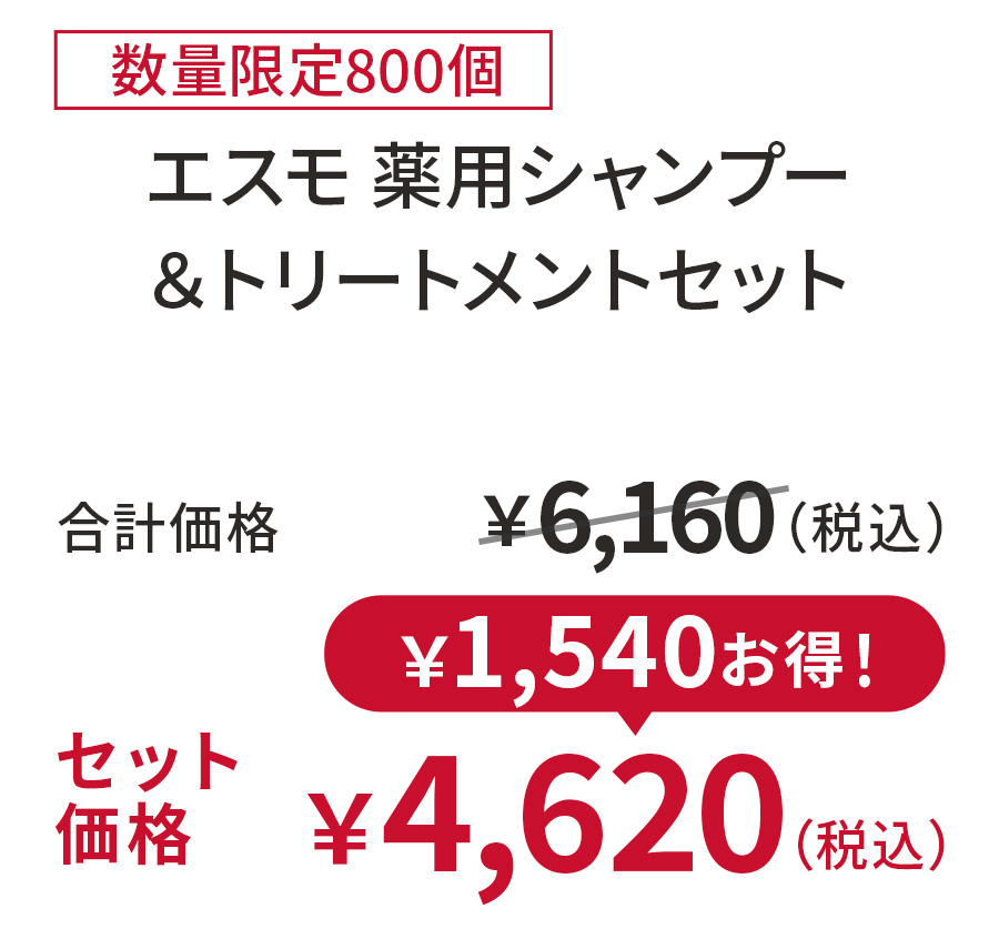 
25%OFF 数量限定800個
エスモ 薬用シャンプー＆トリートメントセット
合計価格 ￥6,160（税込）
セット価格 ￥4,620（税込）
￥1,540お得！