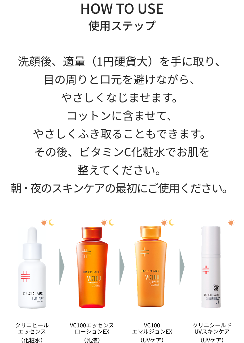 HOW TO USE 使用ステップ 洗顔後、適量（1円硬貨大）を手に取り、目の周りと口元を避けながら、やさしくなじませます。朝・夜のスキンケアの最初に