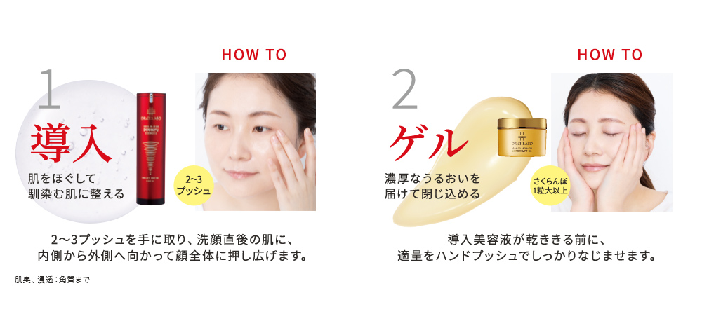 1 導入 肌をほぐして 馴染む肌に整える 2〜3プッシュ 2〜3プッシュを手に取り、洗顔直後の肌に、内側から外側へ向かって顔全体に押し広げます。 肌奥、浸透：角質まで 2 ゲル 濃厚なうるおいを届けて閉じ込める さくらんぼ1粒大以上 導入美容液が乾ききる前に、適量をハンドプッシュでしっかりなじませます。
