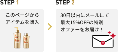 step1 このページからアイテムを購入　step2 30日以内にメールにて最大15%OFFの特別オファーをお届け！