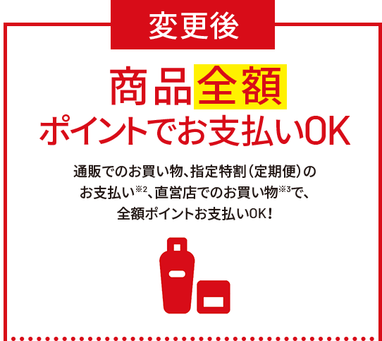 変更後　商品全額ポイントでお支払いOK　通販でのお買い物、指定特割(定期便)のお支払い※2、直営店でのお買い物※3で、全額ポイントお支払いOK！