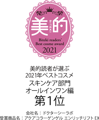 美的2021 美的読者が選ぶ 2021年ベストコスメ スキンケア部門 オールインワン編 第1位 会社名:ドクターシーラボ 受賞商品名:アクアコラーゲンゲルエンリッチリフトEX