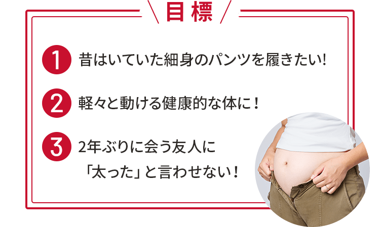 【目標】①昔はいていた細⾝のパンツを履きたい!②軽々と動ける健康的な体に！③2年ぶりに会う友⼈に「太った」と⾔わせない！