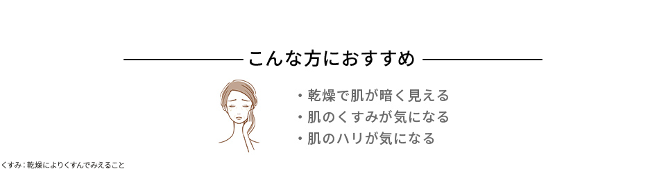 こんな方におすすめ 乾燥で肌が暗く見える 肌のくすみが気になる 肌のハリが気になる くすみ:乾燥によりくすんでみえること