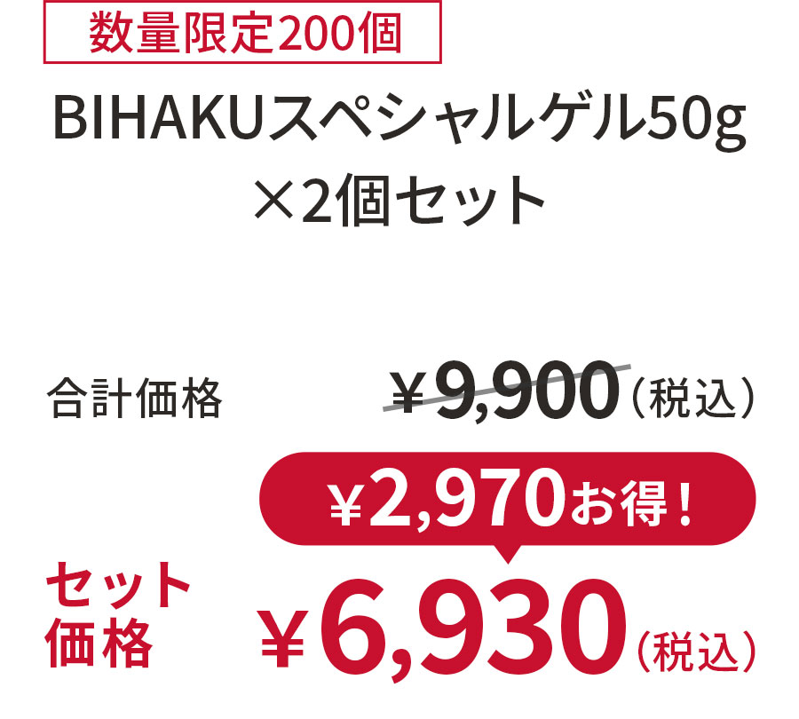 
30%OFF 数量限定200個
BIHAKUスペシャルゲル50g ×2個セット
合計価格 ￥9,900（税込）
セット価格 ￥6,930（税込）
￥2,970お得！