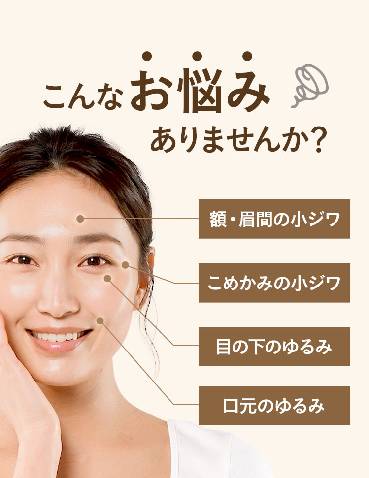 こんなお悩みありませんか? 額・眉間の小ジワ こめかみの小ジワ 目の下のゆるみ 口元のゆるみ