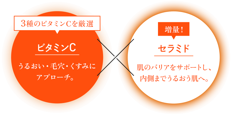 ビタミンC（3種のビタミンCを厳選。うるおい・毛穴・くすみにアプローチ。）xセラミド（増量！肌のバリアをサポートし、内側までうるおう肌へ。）