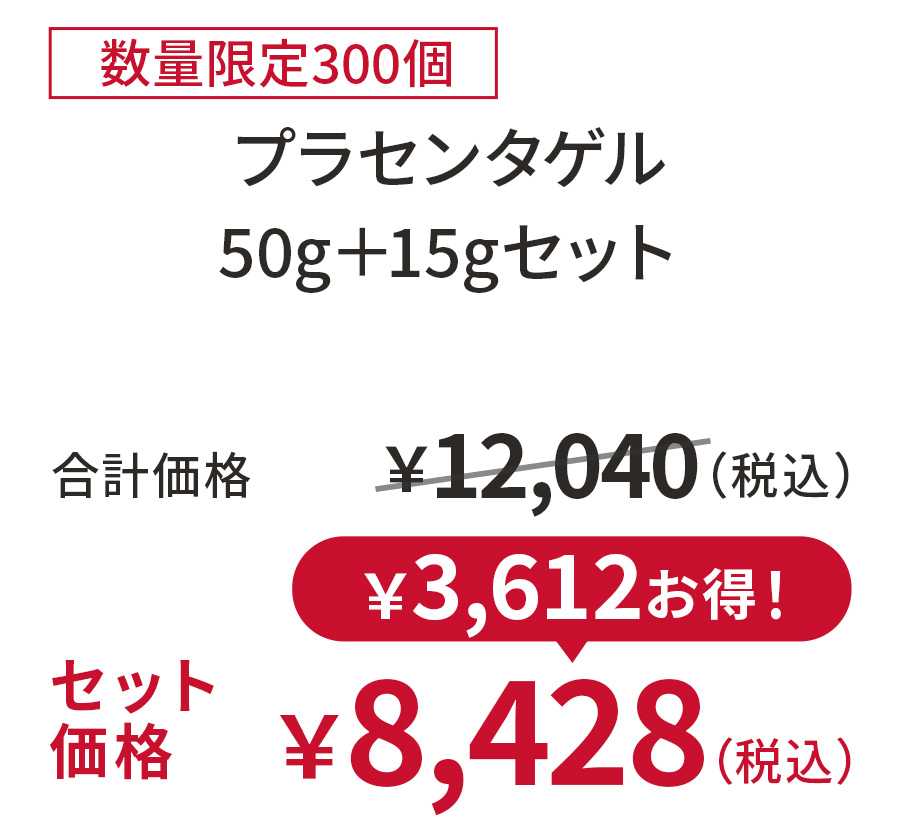 
30%OFF 数量限定300個
プラセンタゲル 50g＋15gセット
合計価格 ￥12,040（税込）
セット価格 ￥8,428（税込）
￥3,612お得！