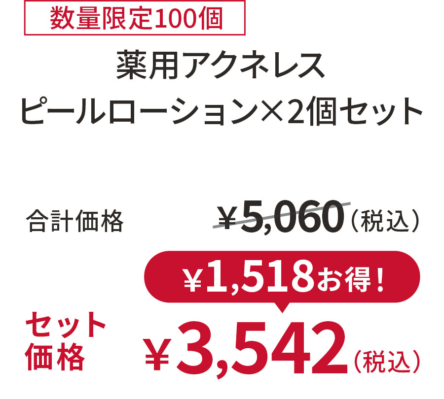 
30%OFF 数量限定100個
薬用アクネレスピールローション×2個セット
合計価格 ￥5,060（税込）
セット価格 ￥3,542（税込）
￥1,518お得！