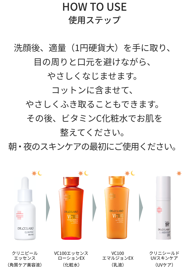 HOW TO USE 使用ステップ 洗顔後、適量（1円硬貨大）を手に取り、目の周りと口元を避けながら、やさしくなじませます。朝・夜のスキンケアの最初に
