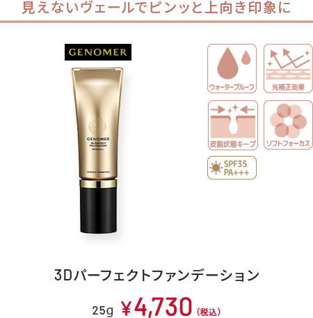 GENOMER　見えないヴェールでピンッと上向き印象に　ウォータープルーフ、光補正効果、皮脂状態キープ、ソフトフォーカス、SPF35、PA+++　3Dパーフェクトファンデーション　25g　￥4,730(税込)
