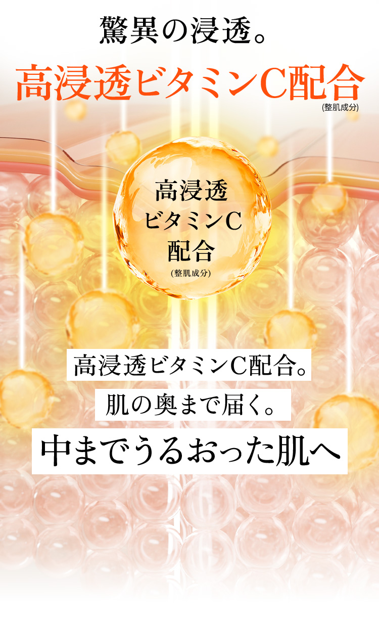 驚異の浸透。高浸透ビタミンC配合(整肌成分) 高浸透ビタミンC配合。肌の奥まで届く。中までうるおった肌へ。
