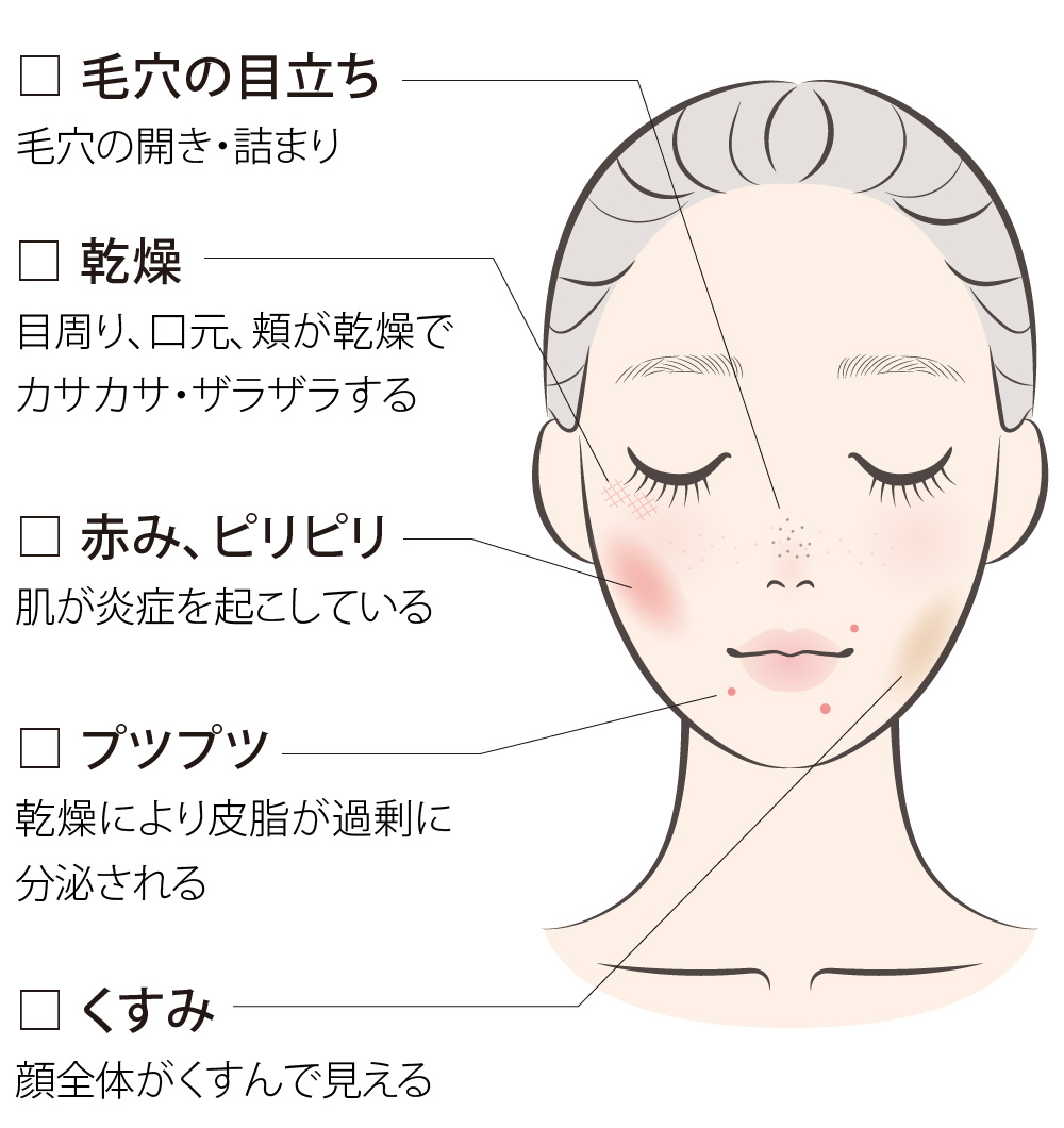 【乾燥】目周り、口元、頬が乾燥でカサカサ・ザラザラする　【赤み、ピリピリ】肌が炎症を起こしている　【プツプツ】乾燥により皮脂が過剰に分泌される　【毛穴の目立ち】毛穴の開き・詰まり　【くすみ】顔全体がくすんで見える