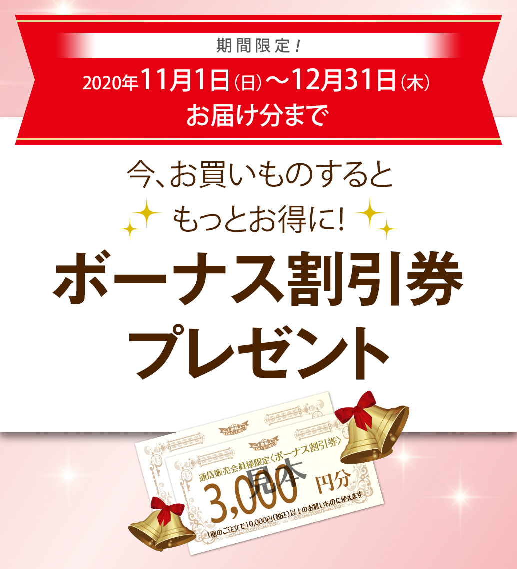 期間限定!2020年11月1日(日)〜2020年12月31日(木)お届け分まで 今、お買いものするともっとお得に!ボーナス割引券プレゼント