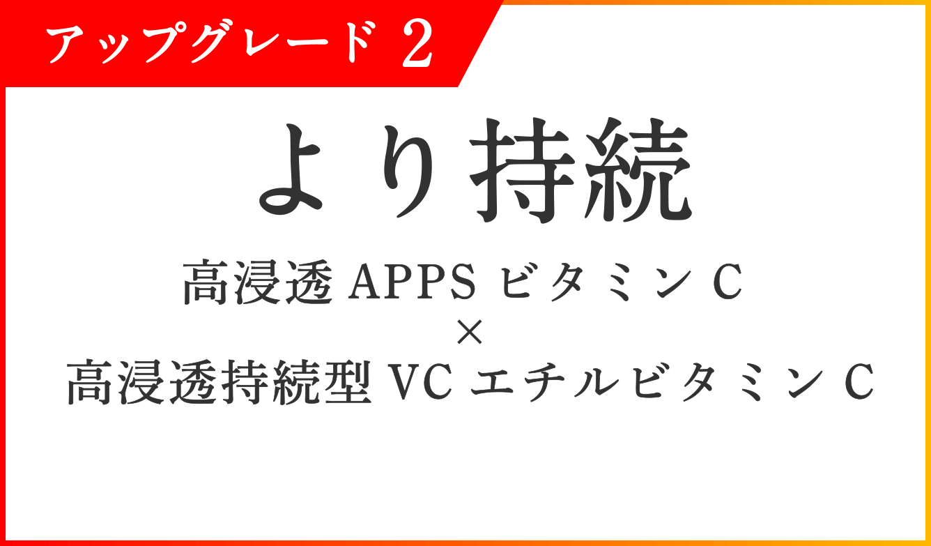 アップグレード２ より持続 高浸透APPSビタミンC  × 高浸透持続型VCエチルビタミンC　高浸透ビタミンC：パルミチン酸アスコルビルリン酸3Na、3-O-エチルアスコルビン酸（整肌成分）　APPS：パルミチン酸アスコルビルリン酸3Na（整肌成分）VCエチル：3-O-エチルアスコルビン酸（整肌成分）