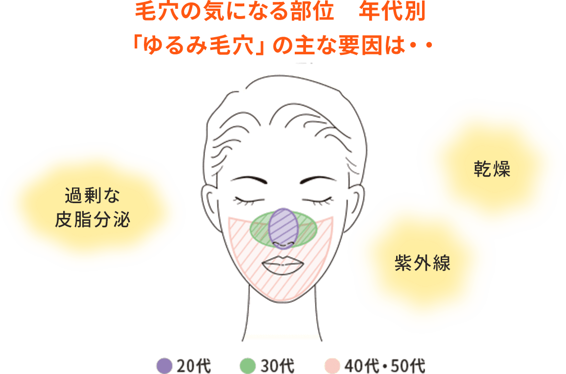 毛穴の気になる部位 年代別 ドクターシーラボ調べ 過剰な皮脂分泌 乾燥 紫外線 20代 30代 40代・50代