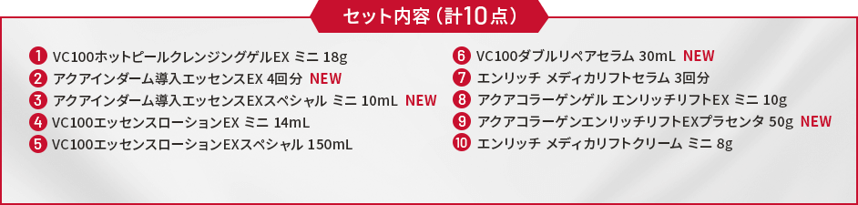 ①VC100ホットピールクレンジングゲルEX ミニ 18g　②アクアインダーム導入エッセンスEX 4回分　③アクアインダーム導入エッセンスEXスペシャル ミニ 10mL　④VC100エッセンスローションEX ミニ 14mL　⑤VC100エッセンスローションEXスペシャル 150mL　⑥VC100ダブルリペアセラム 30mL　⑦エンリッチ メディカリフトセラム 3回分　⑧アクアコラーゲンゲル エンリッチリフトEX ミニ 10g　⑨アクアコラーゲンエンリッチリフトEXプラセンタ 50g　⑩エンリッチ メディカリフトクリーム ミニ 8g