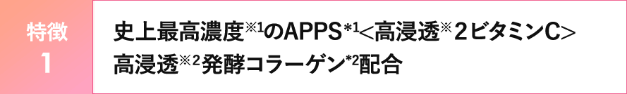 【特徴1】史上最高濃度※1のAPPS＊1＜高浸透※２ビタミンC＞高浸透※２発酵コラーゲン*2配合
