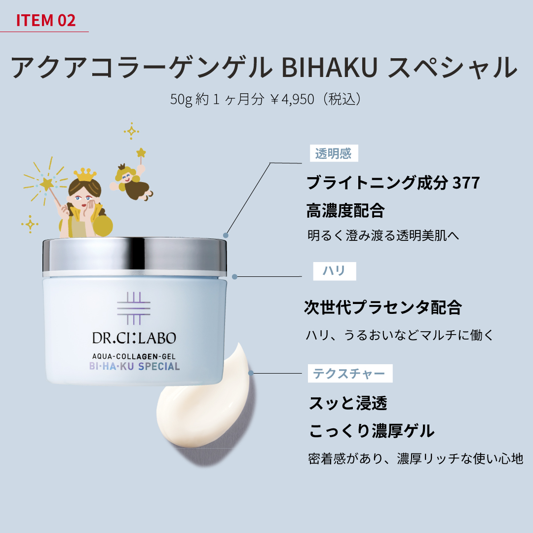 ITEM2 アクアコラーゲンゲル BIHAKUスペシャル 50g 約1ヶ月分 ￥4,950（税込）透明感ブライトニング成分377高濃度配合 明るく澄み渡る透明美肌へ　ハリ 次世代プラセンタ配合 ハリ、うるおいなどマルチに働く テクスチャー スッと浸透 こっくり濃厚ゲル 密着感があり、濃厚リッチな使い心地