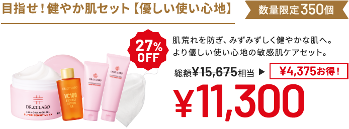 目指せ!健やか肌セット(優しい使い心地) 肌荒れを防ぎ、みずみずしく健やかな肌へ。より優しい使い心地の敏感肌ケアセット。 数量限定350個 27%OFF 総額15,675円相当→11,300円(4,375円お得!)
