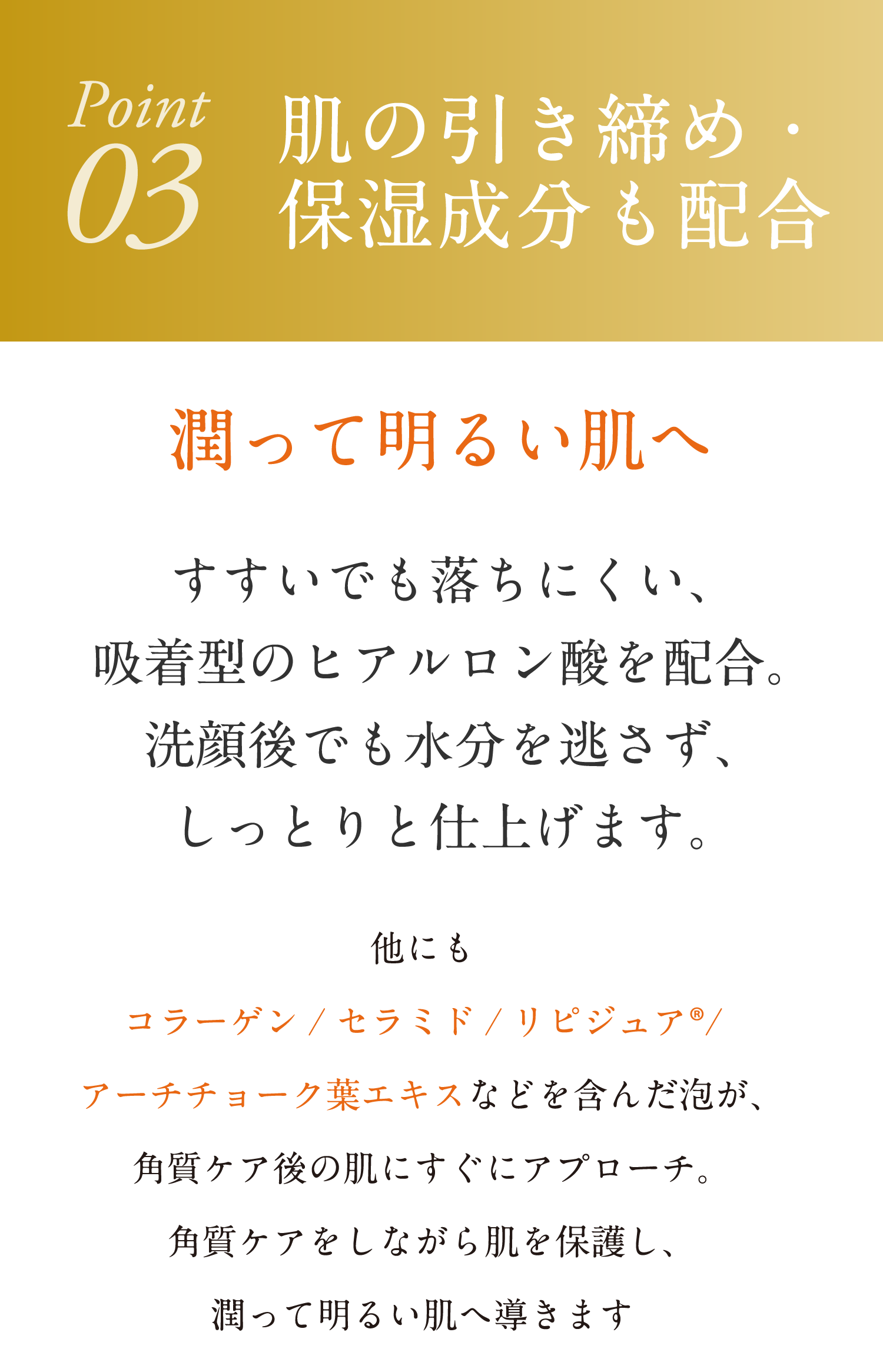 肌の引き締め・保湿成分も配合 潤って明るい肌へ すすいでも落ちにくい、吸着型のヒアルロン酸を配合。洗顔後でも水分を逃さず、しっとりと仕上げます。