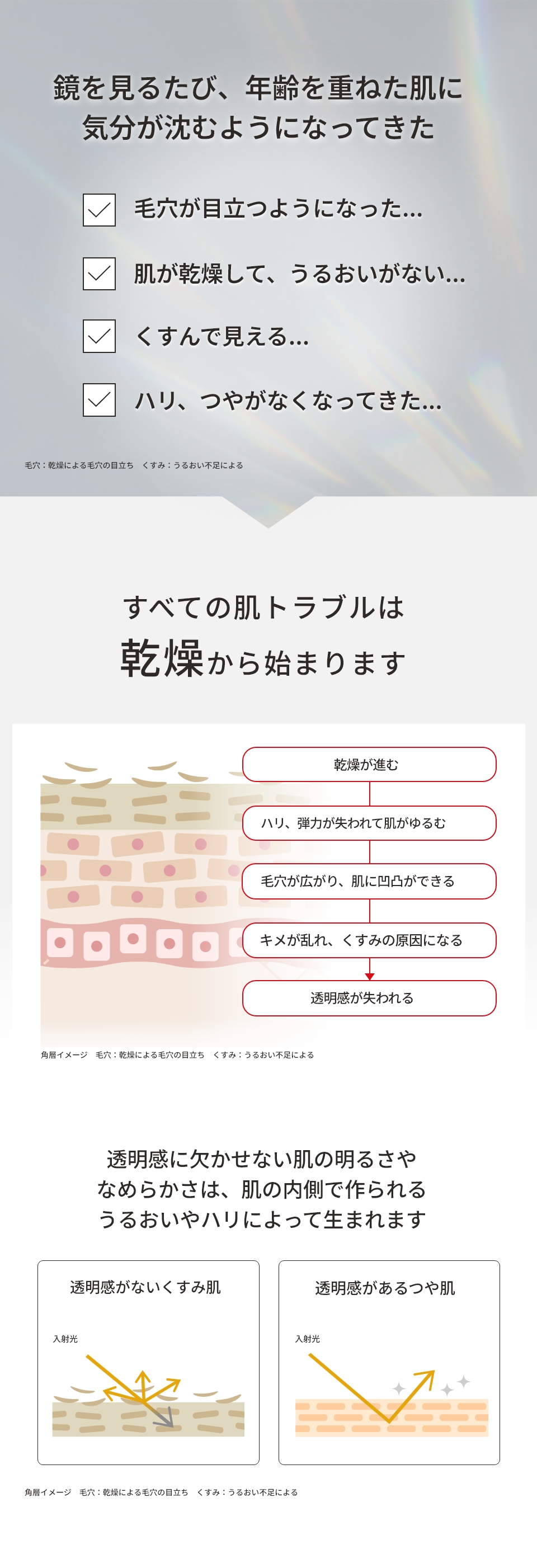 鏡を見るたび、年齢を重ねた肌に気分が沈むようになってきた すべての肌トラブルは乾燥から始まります