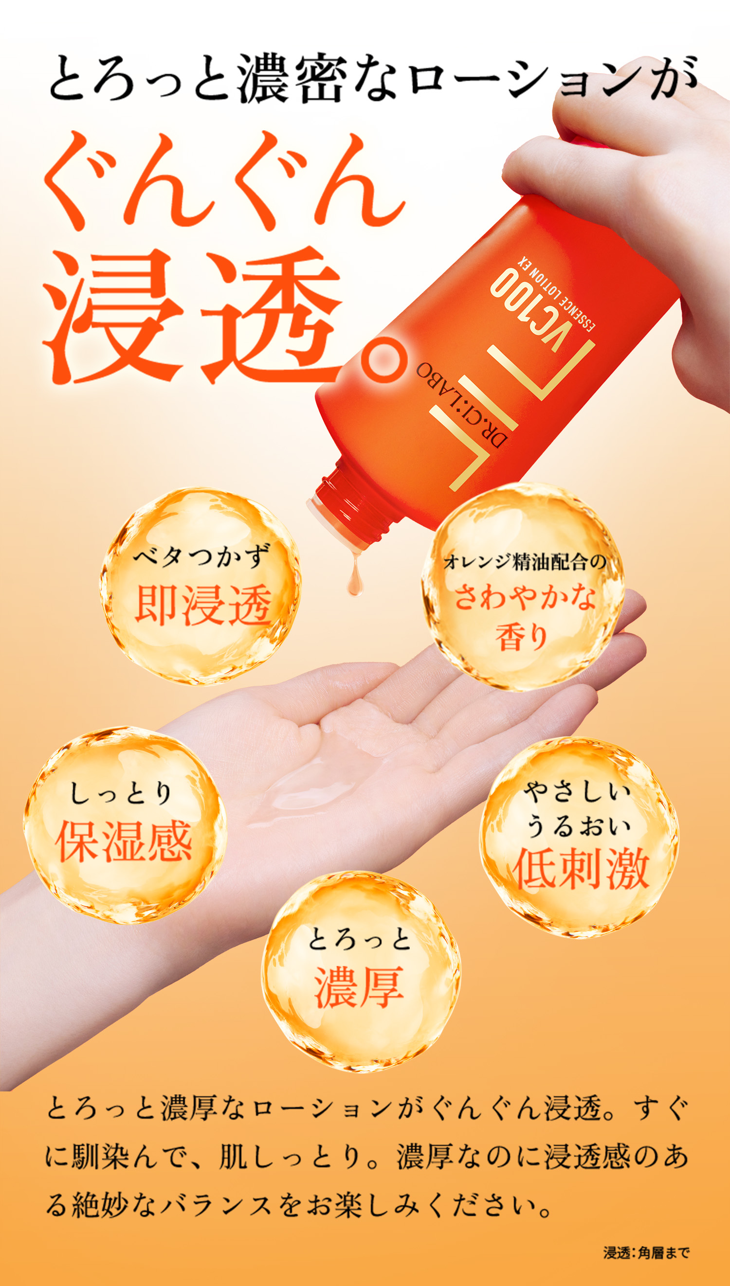 とろっと濃密なローションがぐんぐん
浸透。とろっと濃厚なローションがぐんぐん浸透。すぐに馴染んで、肌しっとり。濃厚なのに浸透感のある絶妙なバランスをお楽しみください。浸透:角層まで