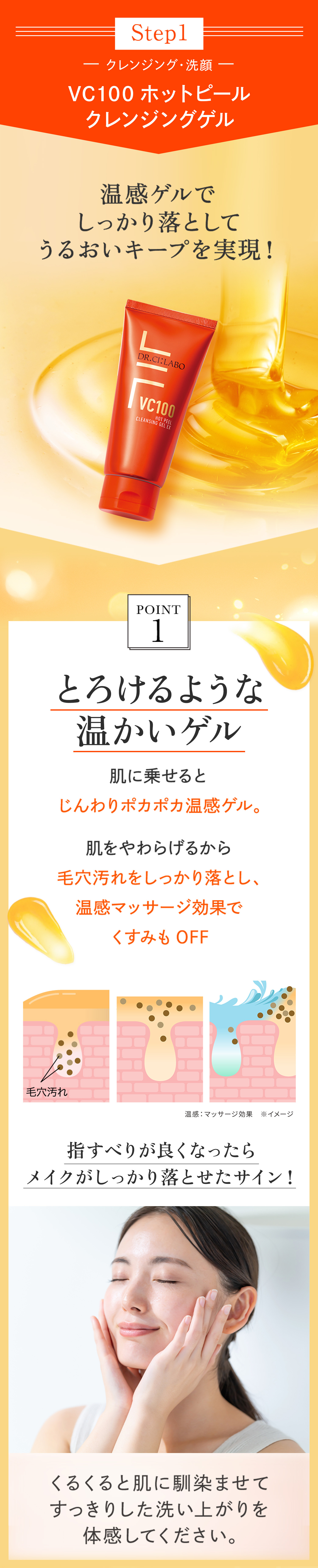 Step1　クレンジング・洗顔　VC100ホットピール クレンジングゲル　温感ゲルでしっかり落としてうるおいキープを実現！　point1 とろけるような温かいゲル 肌にのせると じんわりポカポカ温感ゲル。  肌をやわらげるから毛穴汚れをしっかり落とし、 温感マッサージ効果でくすみもOFF 指すべりが良くなったら メイクがしっかり落とせたサイン！ くるくると肌に馴染ませて すっきりした洗い上がりを 体感してください。
