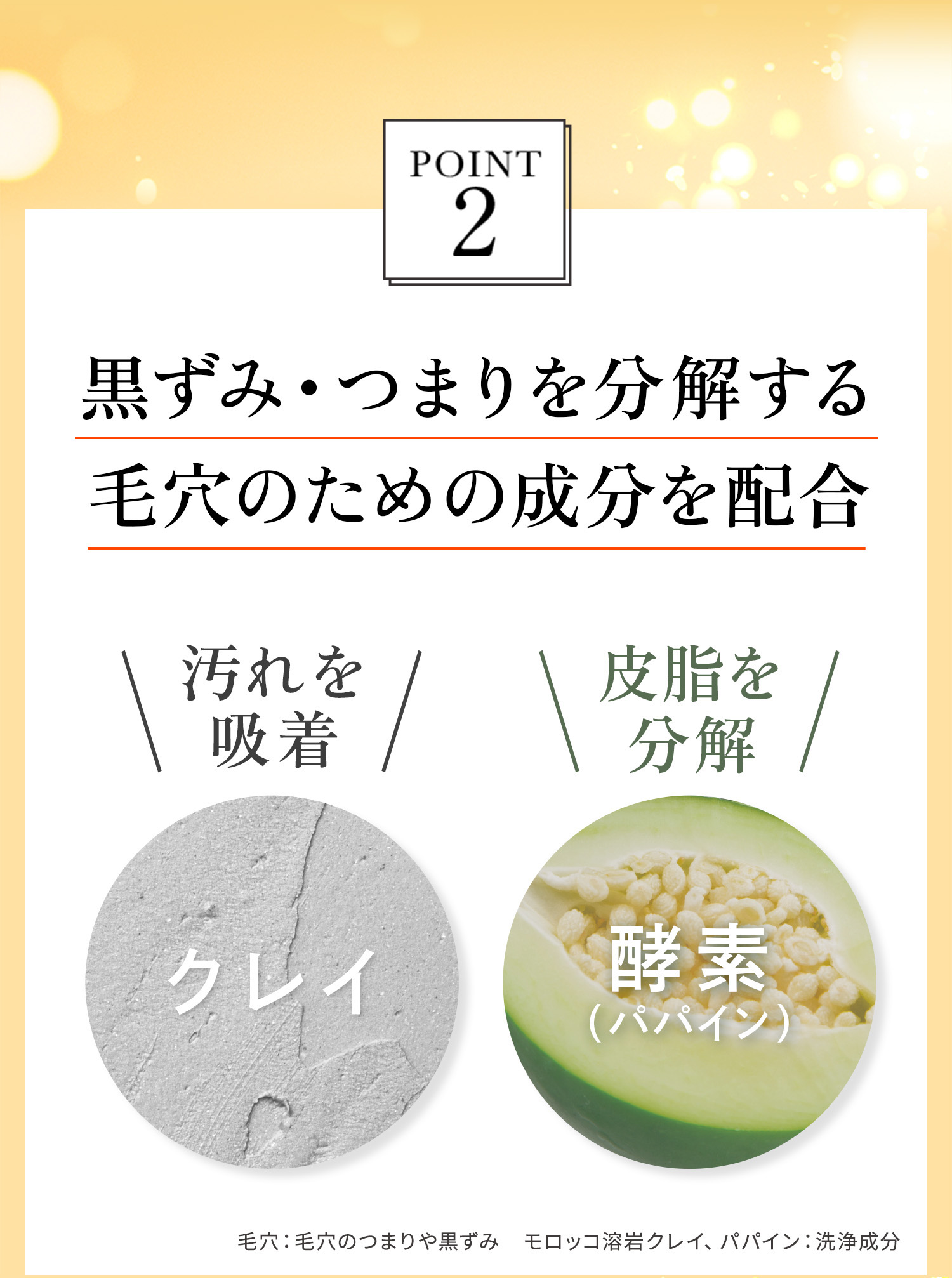 point2 黒ずみ・つまりを分解する毛穴のための成分を配合 汚れを吸着 クレイ　皮脂を分解　酵素（パパイン）　毛穴：毛穴のつまりや黒ずみ　モロッコ溶岩クレイ、パパイン：洗浄成分