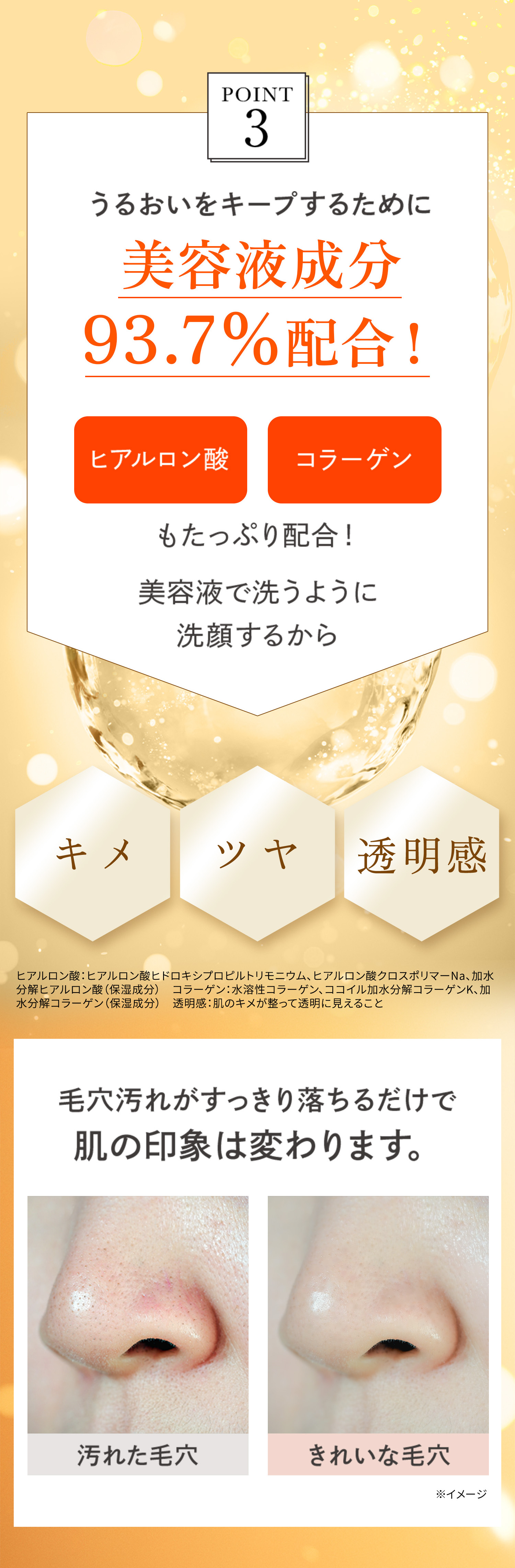 point3 うるおいをキープするために 美容液成分93.7％配合！ ヒアルロン酸 コラーゲン もたっぷり配合！ 美容液で洗うように洗顔するから キメ ツヤ 透明感 ヒアルロン酸：ヒアルロン酸ヒドロキシプロピルトリモニウム、ヒアルロン酸クロスポリマーNa、加水分解ヒアルロン酸（保湿成分）コラーゲン：水溶性コラーゲン、ココイル加水分解コラーゲンK、加水分解コラーゲン（保湿成分） 毛穴汚れがすっきり落ちるだけで 肌の印象は変わります。
