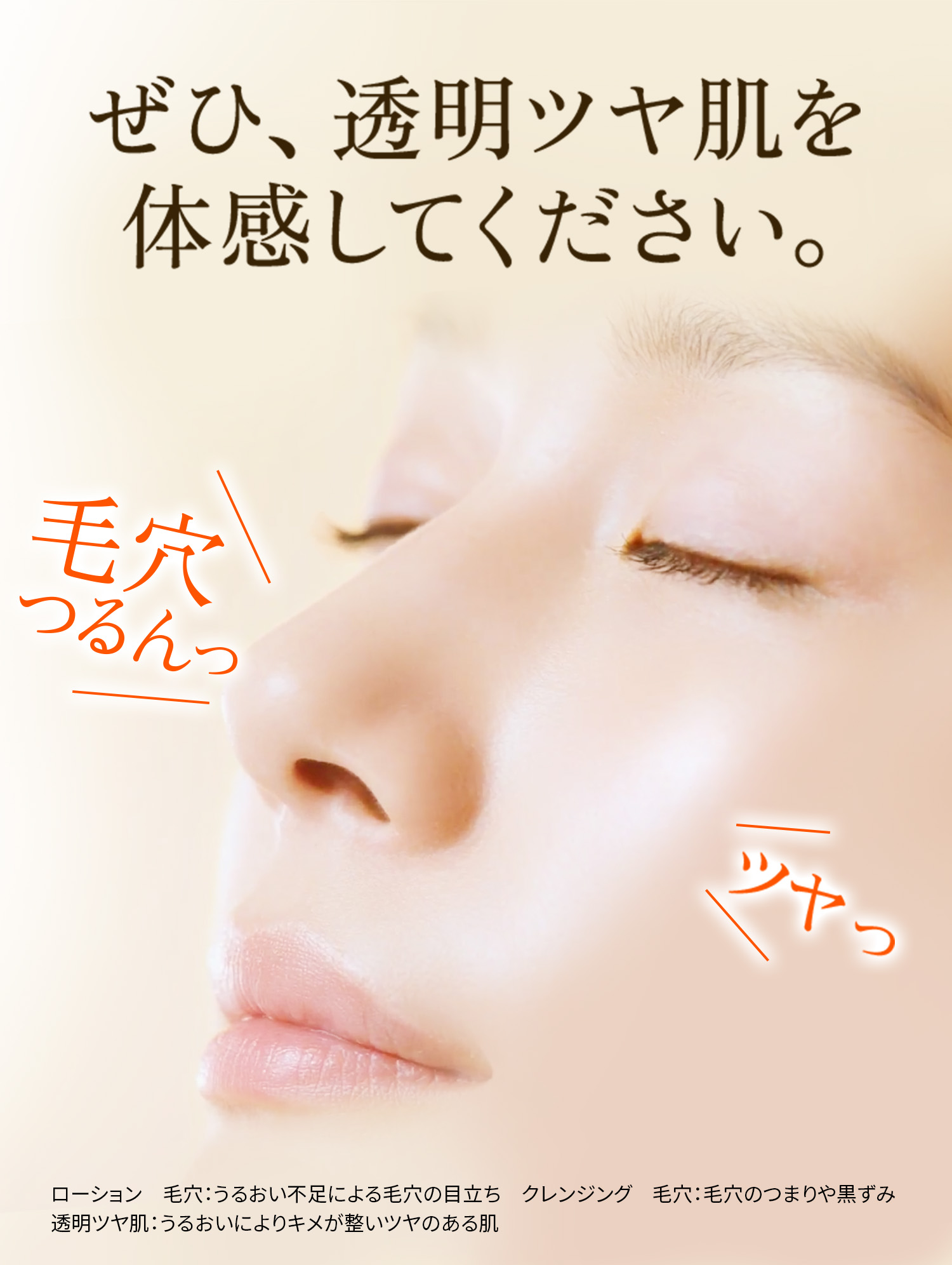 ぜひ、透明ツヤ肌を 体感してください。 ローション　毛穴：うるおい不足による毛穴の目立ち　クレンジング　毛穴：毛穴のつまりや黒ずみ　透明ツヤ肌：うるおいによりキメが整いツヤのある肌