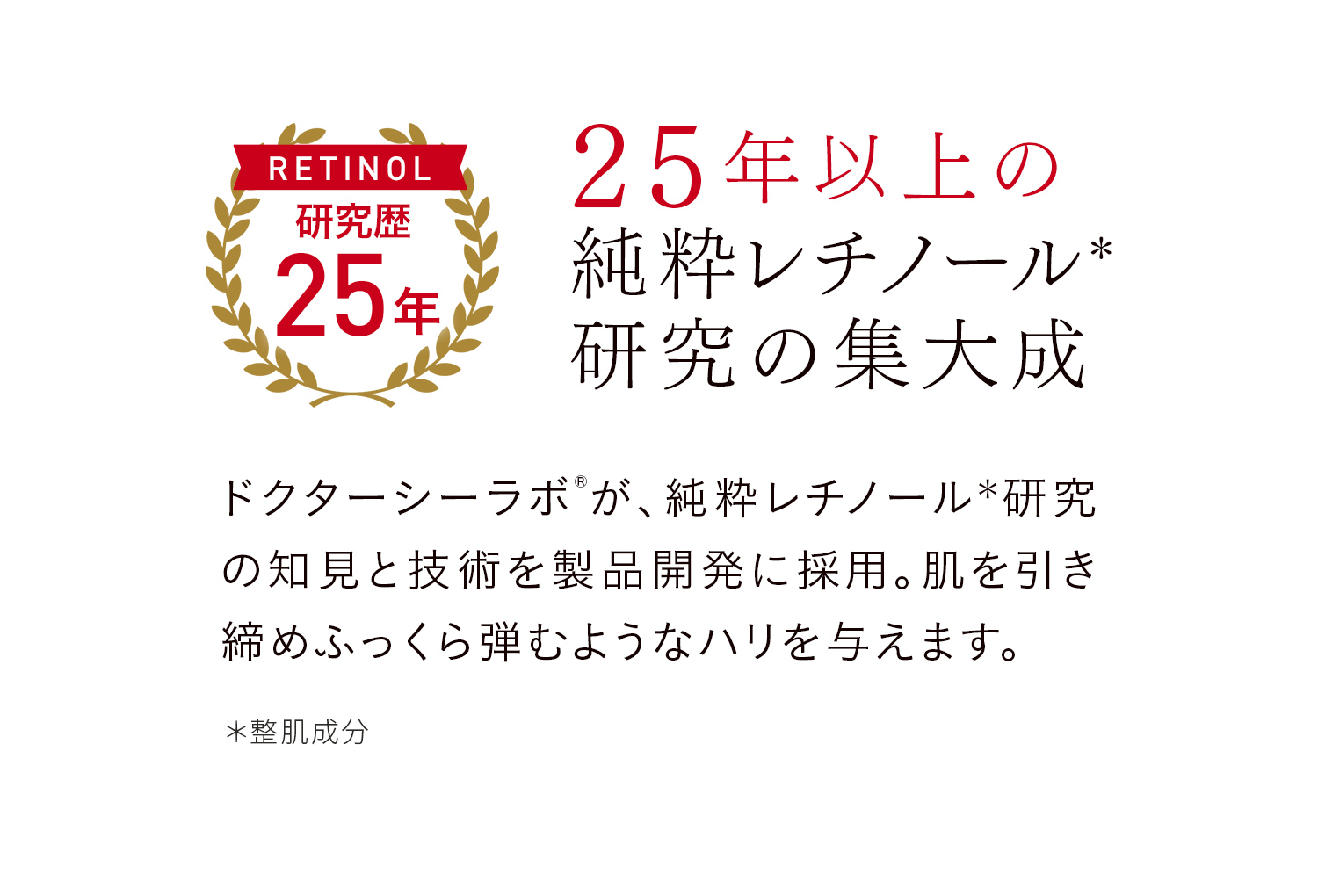 RETINOL 研究歴25年 25年以上の純粋レチノール*研究の集大成 ドクターシーラボ®が、純粋レチノール*研究の知見と技術を製品開発に採用。肌を引き締めふっくら弾むようなハリを与えます。 *整肌成分