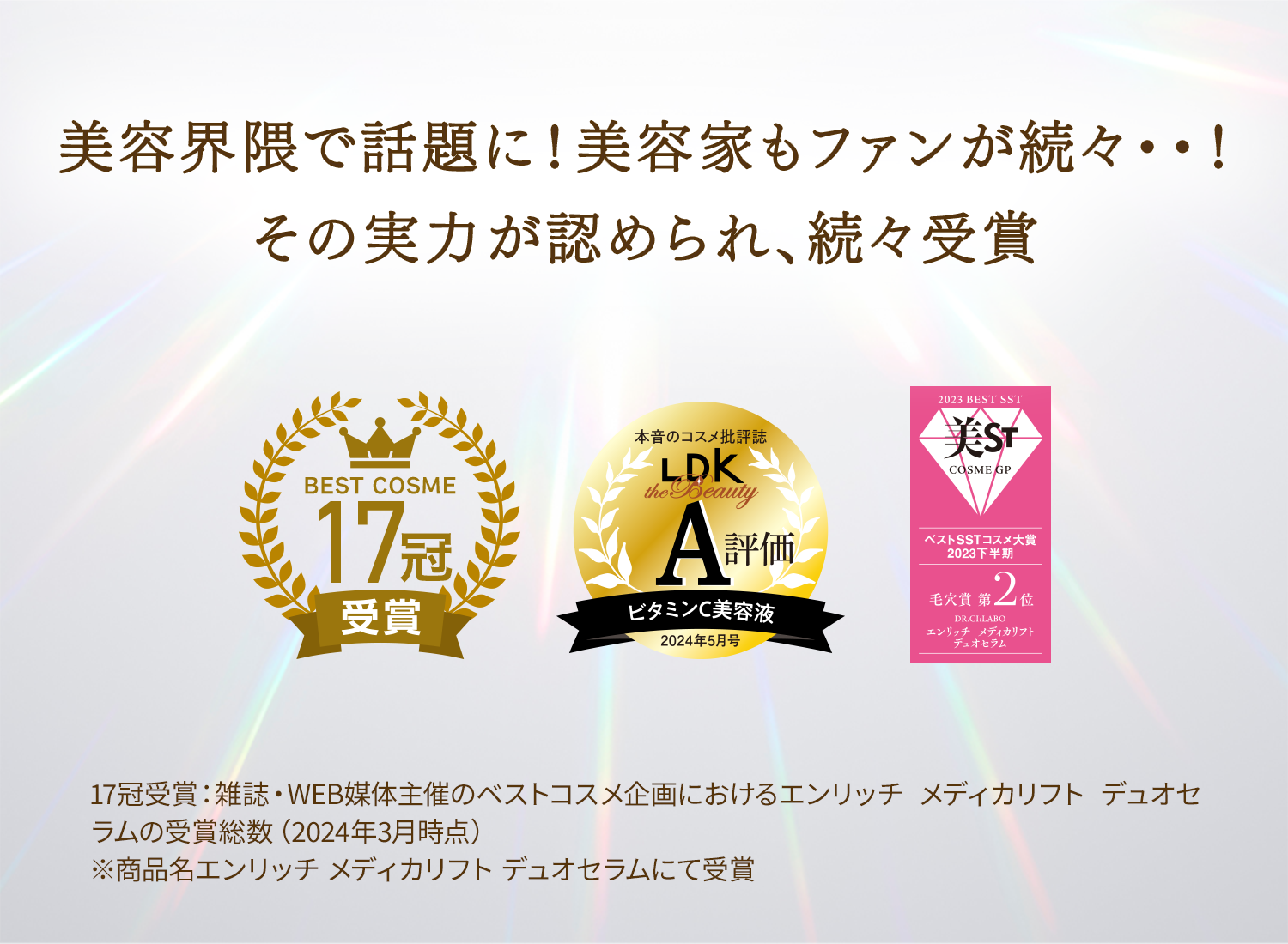美容界隈で話題に！美容家もファンが続々・・！その実力が認められ、続々受賞 BEST COSME17冠受賞 17冠受賞：雑誌・WEB媒体主催のベストコスメ企画におけるエンリッチメディカリフト デュオセラムの受賞総数（2024年3月時点） ※商品名エンリッチ メディカリフト デュオセラムにて受賞