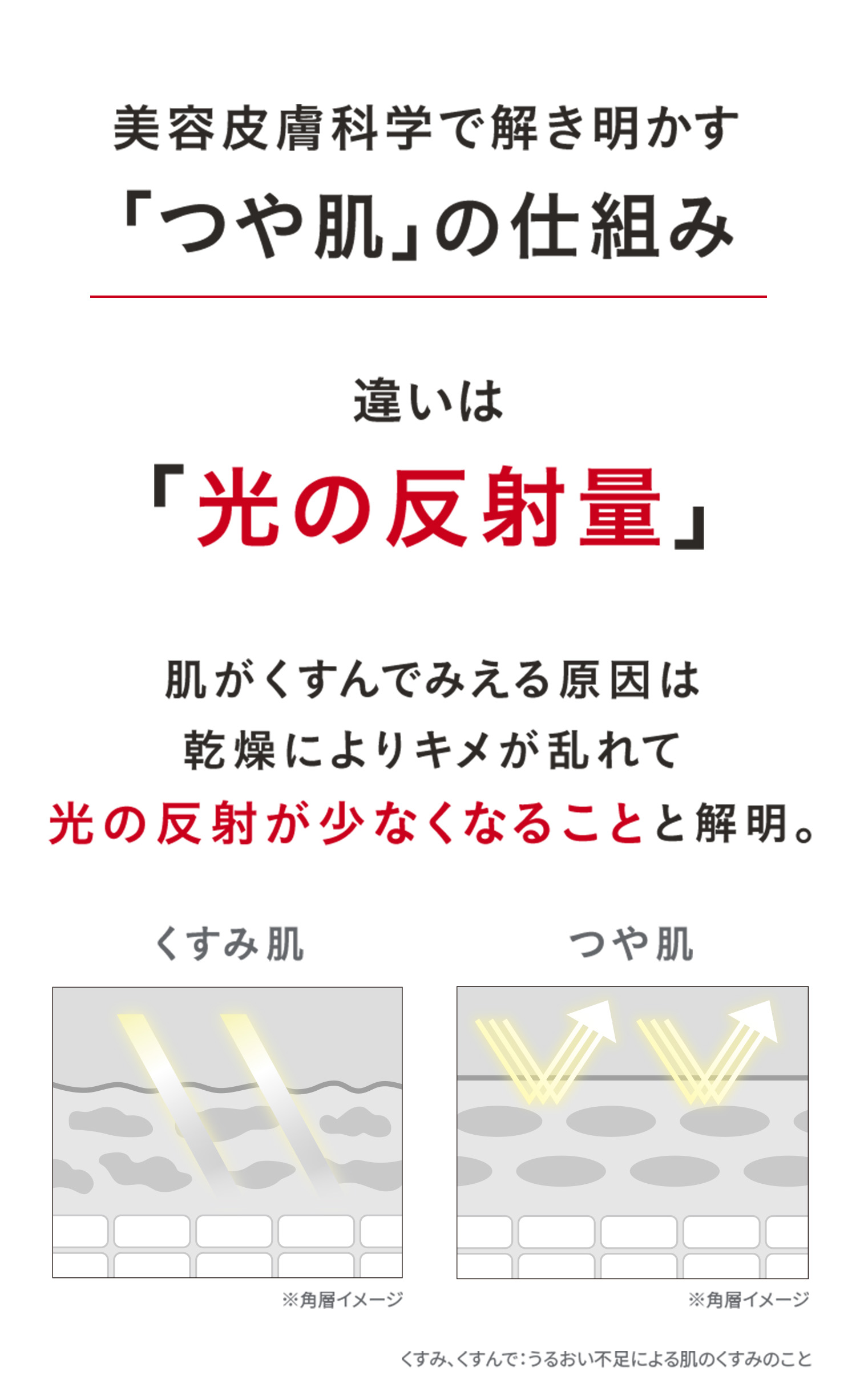 美容皮膚科学発想。透明ツヤ肌に必要な3つの条件。透明ツヤ肌：うるおいによりキメが整いツヤのある肌。01うるおい、02毛穴レス、03くすみレス
