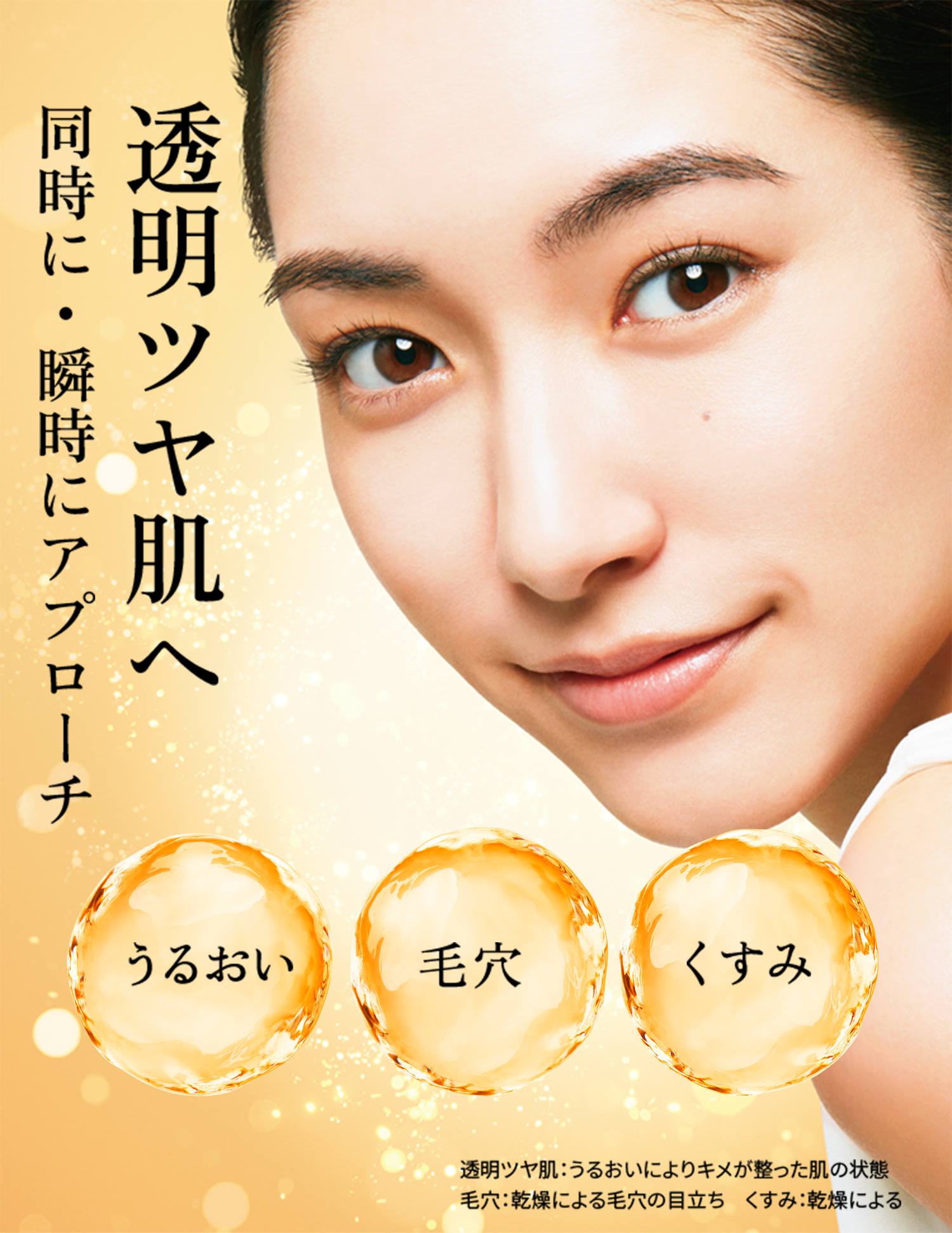 透明ツヤ肌へ同時に・瞬時にアプローチ。うるおい、毛穴、くすみ。透明：うるおいによりキメが整った肌の状態毛穴・くすみ：うるおい不足による