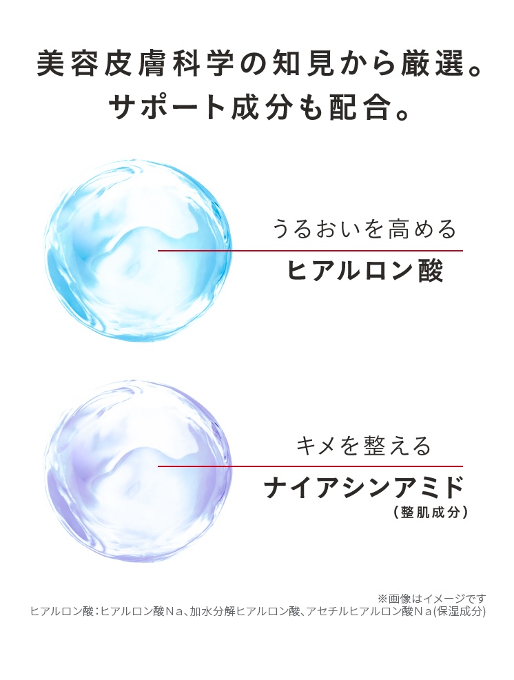 美容皮膚科学発想。透明ツヤ肌に必要な3つの条件。透明ツヤ肌：うるおいによりキメが整いツヤのある肌。01うるおい、02毛穴レス、03くすみレス