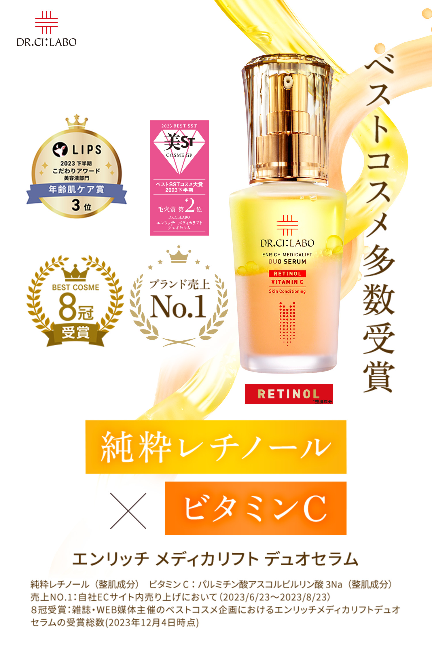 NEW 先行新発売 2秒で生まれたて！ 究極のコラボ 整肌成分 純粋レチノール×整肌成分 ビタミンC RETINOL *整肌成分 エンリッチ メディカリフト デュオセラム ２秒で生まれたて：使用の度に２秒間シェイクするだけで１つの美容液が生まれること　究極のコラボ：当社の長年にわたるレチノールおよびビタミンC研究の集大成　ビタミンC：パルミチン酸アスコルビルリン酸3Na