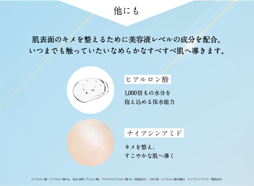 他にも肌表面のキメを整えるために美容液レベルの成分を配合。いつまでも触っていたいなめらかなすべすべ肌へ導きます。