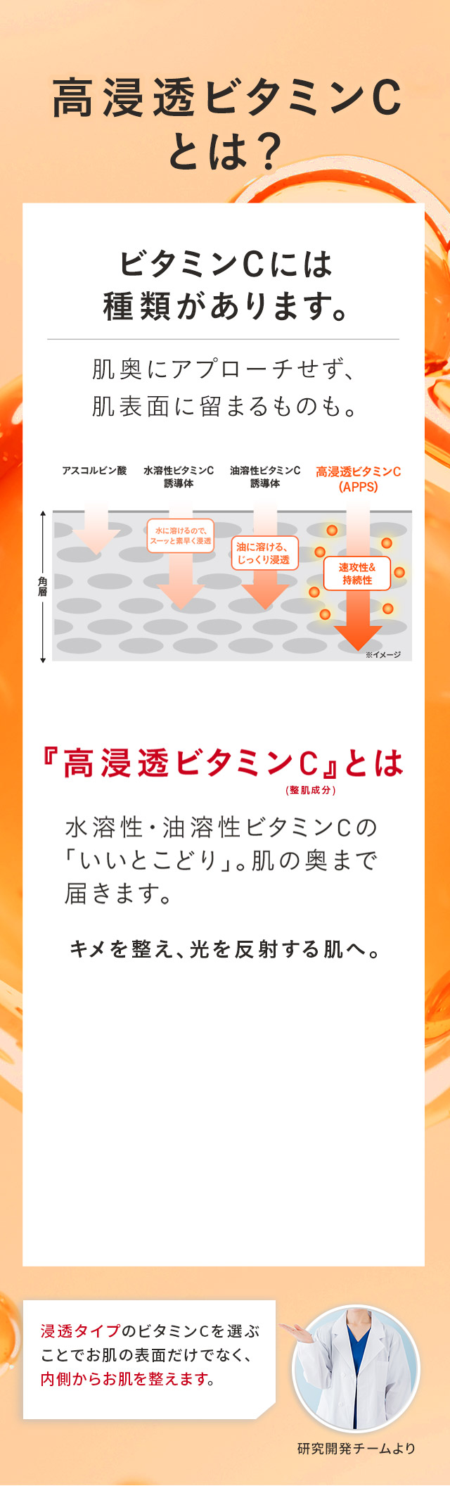 高浸透ビタミンCとは?ビタミンCには種類があります。肌奥にアプローチせず、肌表面に留まるものも。『高浸透ビタミンC』とは 水溶性・油溶性ビタミンCの「いいとこどり」。肌の奥まで届きます。キメを整え、光を反射する肌へ。浸透タイプのビタミンCを選ぶことでお肌の表面だけでなく、内側からお肌を整えます。研究開発チームより