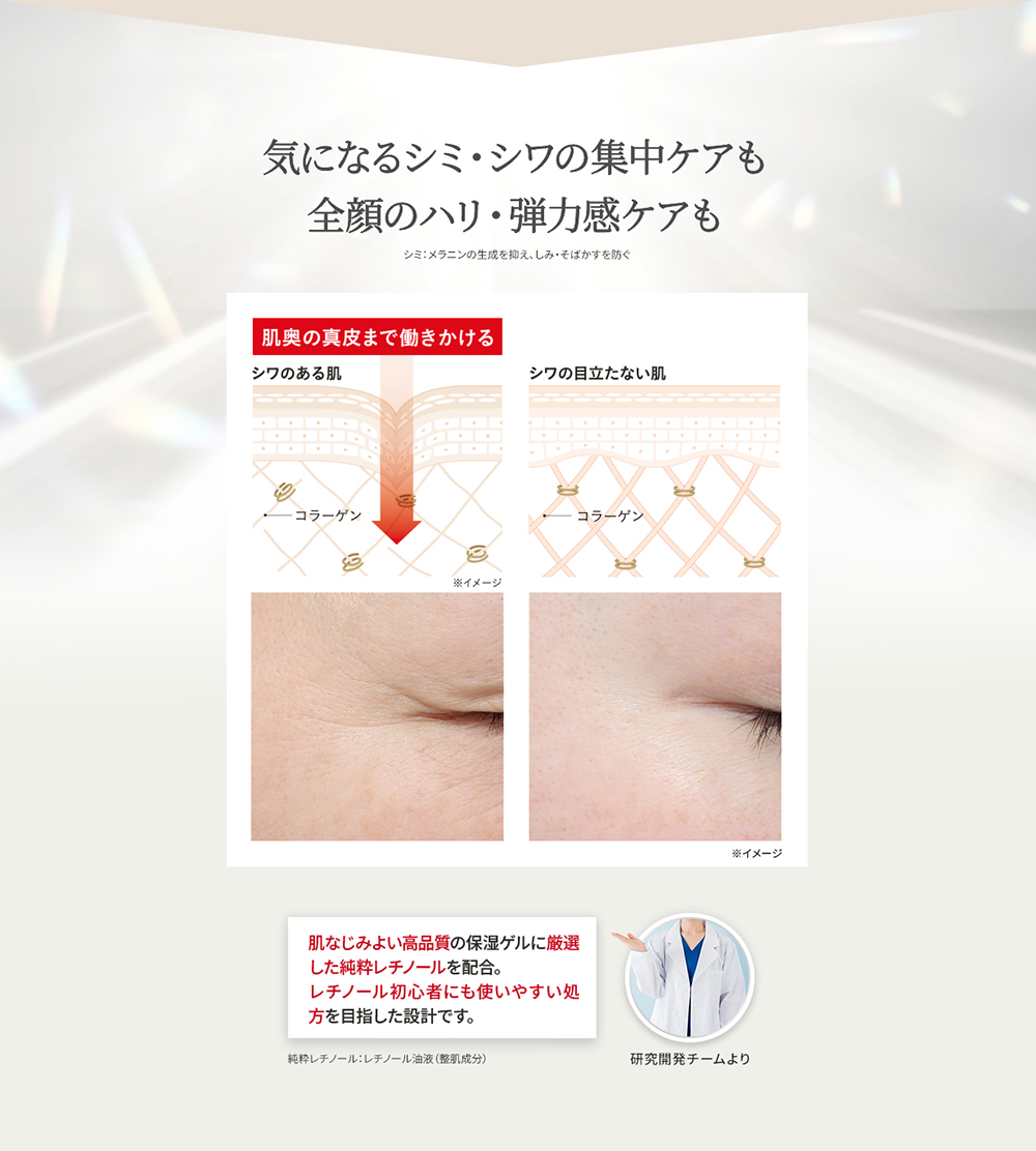 
  シワはもちろん、ゆるみや毛穴などの肌悩みにもアプローチ
  ゆるみ：ハリのない状態