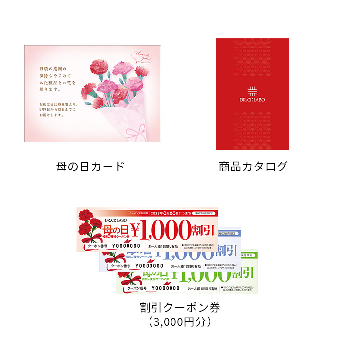 母の日カード、商品カタログ、母の日特別ご優待クーポン券（3,000円分）