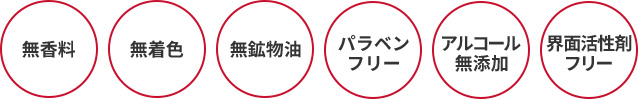 無香料　無着色　無鉱物油　パラベンフリー　アルコール無添加　界面活性剤フリー