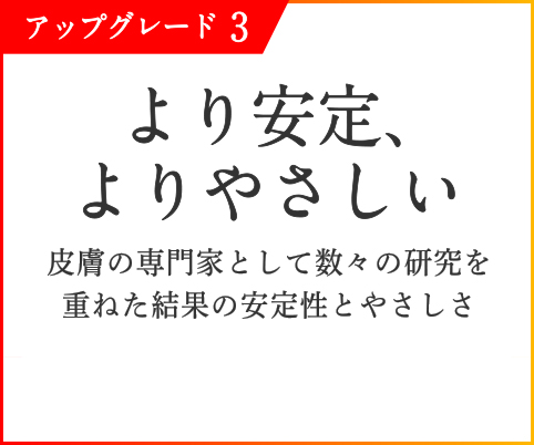 アップグレード3 より安定、よりやさしい 皮膚の専門家として数々の研究を重ねた結果の安定性とやさしさ