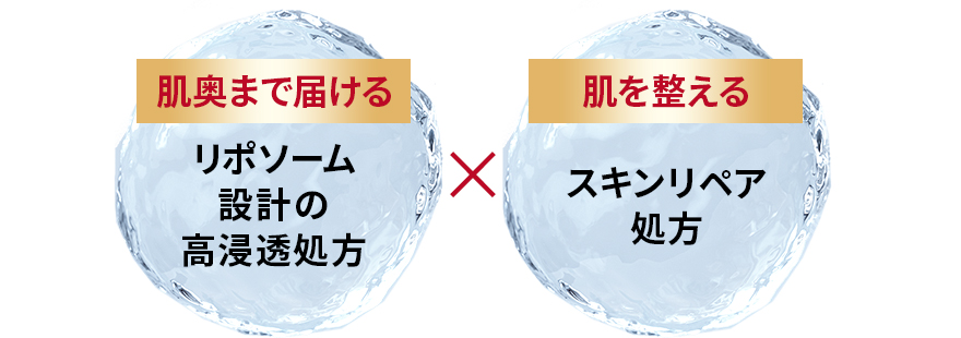 リニューアルで採用！ 肌奥まで届ける リポソーム 設計の高浸透処方 × 肌を整える スキンリペア処方 浸透感アップ！さらなるうるおい感！ 肌奥、浸透：角層まで 浸透感アップ：従来品比