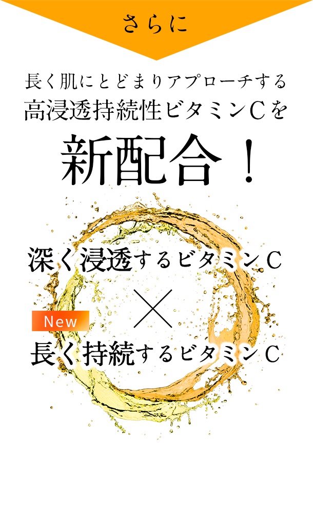さらに 長く肌にとどまりアプローチする高浸透持続性ビタミンCを新配合!深く浸透するビタミンC × 長く持続するビタミンC
