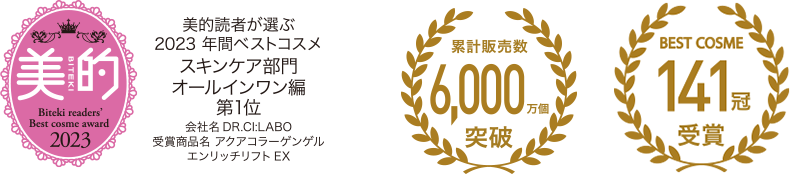 美的2023（美的読者が選ぶ2023年間ベストコスメスキンケア部門オールインワン編第1位。会社名：DR.CI:LABO 受賞商品名：アクアコラーゲンゲル エンリッチリフトEX）／累計販売数6,000万個突破／141冠受賞