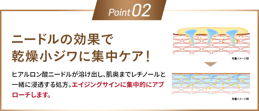 Point02 ニードルの効果で乾燥小ジワに集中ケア ヒアルロン酸ニードルが溶け出し、肌奥までレチノールと一緒に浸透する処方。エイジングサインに集中的にアプローチします。